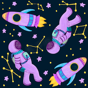 手绘外太空星系宇航员的紫蓝色无缝图案。