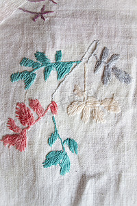 白色织物上的植物手工刺绣光滑装饰，白俄罗斯复古民间刺绣，19 世纪下半叶