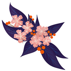 粉红色花朵的手绘插图深蓝色叶子橙色浆果。