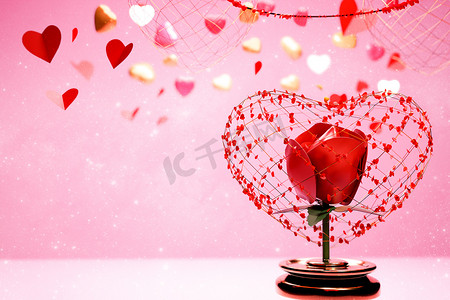 玫瑰渲染摄影照片_情人节快乐假期横幅你好背景与玫瑰和心形情人节的 3D 元素。 
