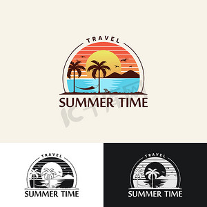 夏季旅行和度假商务矢量标志设计模板与海、 吊床、 椰子树元素。