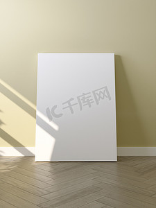 装饰海报背景摄影照片_地板上的白色海报，带有供您设计的空白框架模型