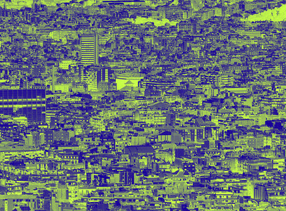 蓝色和绿色双色调拥挤的城市景观背景，数百座密集的建筑物