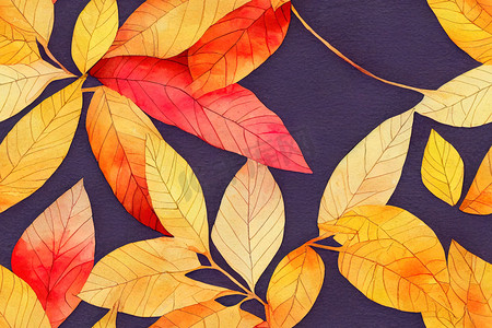 秋天花图案摄影照片_水彩无缝图案与秋天的树枝和树叶