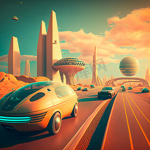 科幻游戏海报摄影照片_复古风格的未来城市。