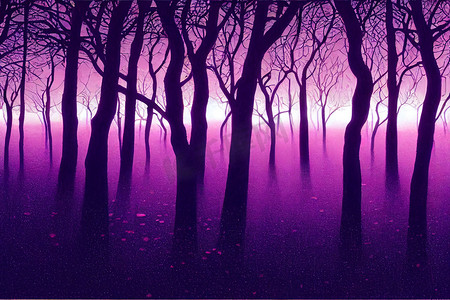 梦幻般的紫罗兰森林，晚上有美丽的粉红色