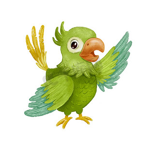 挥动的翅膀摄影照片_绿鹦鹉鸟站立和挥动翅膀。