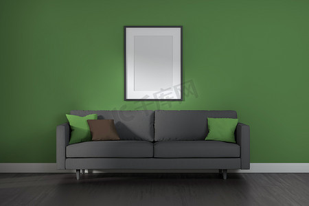 带灰色沙发、枕头、绿色格子花呢格子花呢披肩和框架的客厅内部在绿色墙壁背景