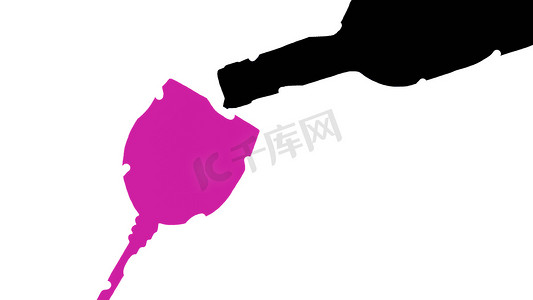 将葡萄酒倒入酒杯中，在孤立的白色、高热量玻璃、瓶子和玻璃图标上进行说明。