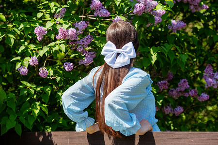 后视，长头发的女孩，带白色蝴蝶结，在花园里