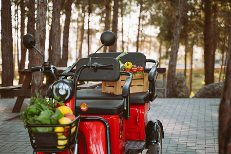 三轮车摄影照片_红色电动三轮车 tuk tuk 满载着一箱箱蔬菜和水果停在松树林中。