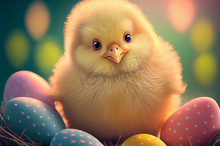 可爱的春天鸟背景摄影照片_复活节彩蛋附近可爱的黄色小鸡