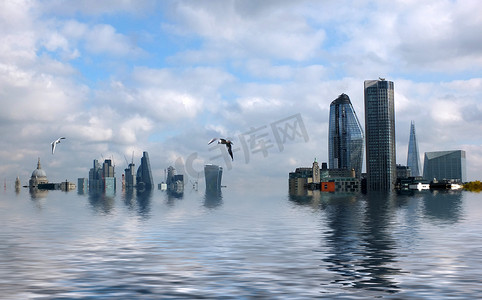 全球变暖摄影照片_由于全球变暖、海平面上升和海鸥，伦敦市的建筑物被淹没的概念图像被操纵