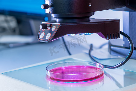 样品测试摄影照片_一种现代电子显微镜，用于在生化或医学实验室的培养皿中检查样品