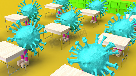 空的教室摄影照片_教室 3d 渲染中的病毒定位