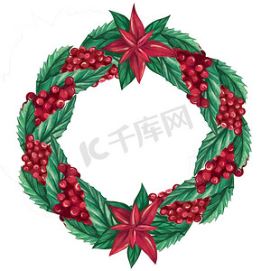 圆形花环摄影照片_由蔓越莓浆果制成的装饰性圆形圣诞花环
