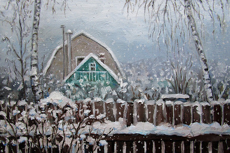 乡村油画摄影照片_俄罗斯乡村的冬雪天，油画
