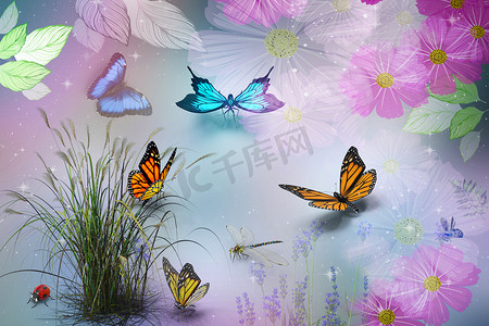 纸蝴蝶摄影照片_抽象图像：蝴蝶和花朵。 
