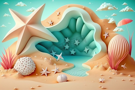 3D 海滩场景背景与海星和贝壳。