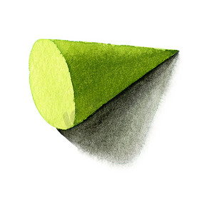 绿色锥体，基本几何形状，具有水彩风格的戏剧性光影。