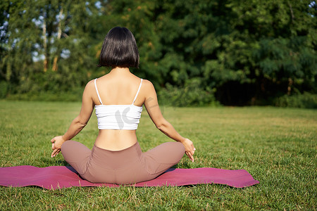 运动健身垫摄影照片_做瑜伽、坐在健身垫上和在绿色草坪上冥想的女性剪影的后视图