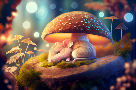 一只可爱的小老鼠睡在森林里，蘑菇下从里面发光