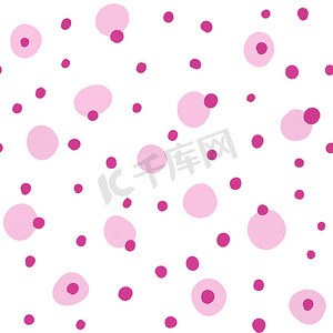 粉色圆点摄影照片_手绘无缝图案与粉红色红色圆点圆圈织物印花。