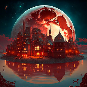 巨大红月背景下的奇幻小镇卡通形象