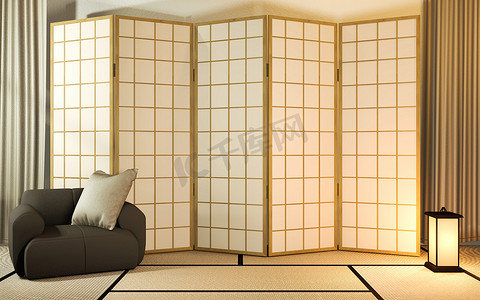客厅榻榻米上的日式隔断纸木设计