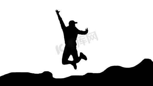 跳跃在小山的一个人的剪影的例证，隔绝在白色。