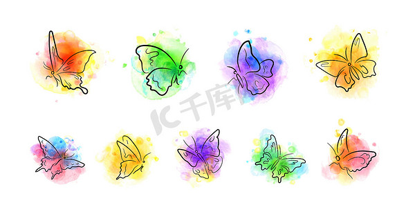 手绘涂鸦水彩摄影照片_墨水在明亮的水彩斑点上绘制蝴蝶