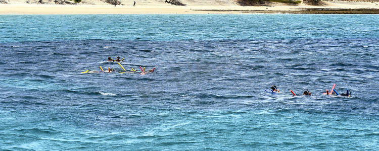 人们在沙岛附近的浅珊瑚礁上浮潜