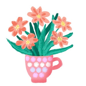 杯中橙色粉红色野花的手绘插图。