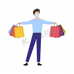 衣服促销活动摄影照片_带着购物袋的面具男子。