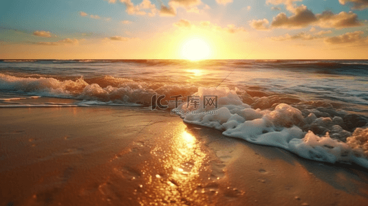 夕阳沙滩背景图片_大气海上朝阳场景夏天沙滩