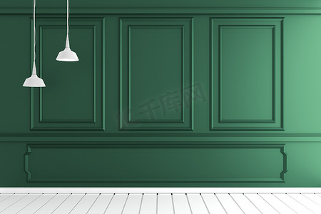 空荡荡的豪华室内，白色木质上有深绿色的墙壁