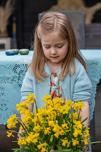 一件绿松石礼服的女孩拿着一罐水仙花复活节