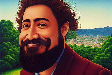 英俊的西班牙裔男子，留着胡子，在户外快乐地微笑 高质量的 2d 插图。