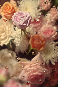花卉植物摄影照片_冷雾玻璃内彩色春花，滴水滴，用于纺织品、纸或花卉植物壁纸