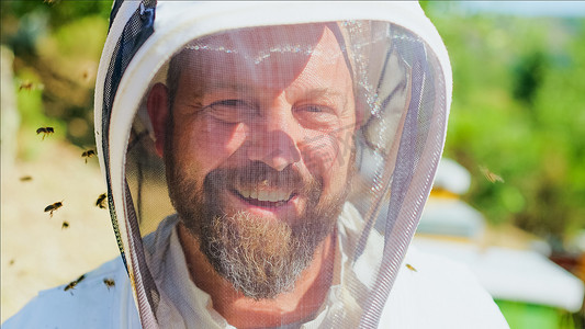 蜜蜂在养蜂人受保护的脸上飞来飞去