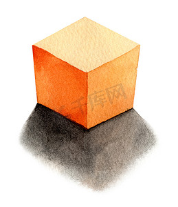橙色立方体-来自左侧的光，基本的几何形状，具有水彩风格的戏剧性光影。