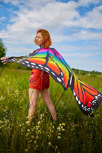 有红头发和蝴蝶翅膀的成年女孩在草地或草地上玩乐，在夏日阳光明媚的日子里花