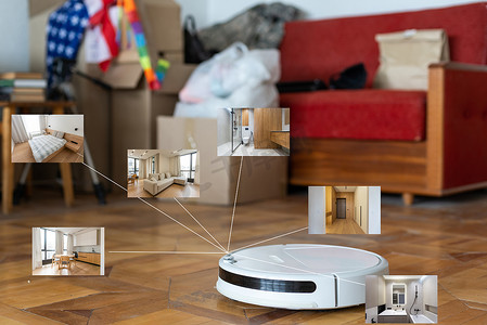 智能家居在现代客厅背景下机器人吸尘地板的应用。