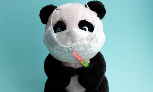 蓝色背景上，一只戴着医用面具、带温度计的玩具熊猫。 