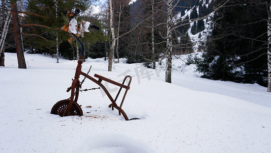 冬季森林里一辆生锈的旧三轮车