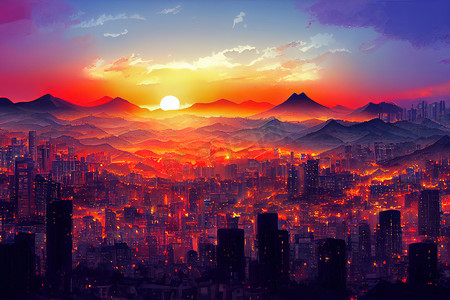 动漫风格，首尔城市天际线的日落最好的