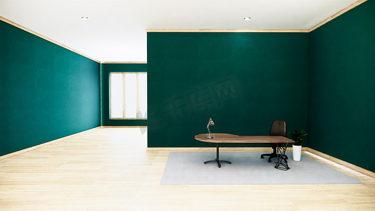 绿色会议背景板摄影照片_空荡荡的绿色会议室内部，白色 wa 上铺有木地板