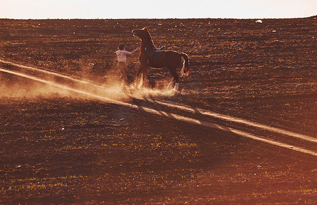 在农田骑马摄影照片_阳光明媚的白天，戴着防护帽的年轻女子在农田里骑马