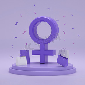 闪闪金星摄影照片_在紫色工作室背景的讲台上，带有礼品袋和五彩纸屑的女性性别符号。