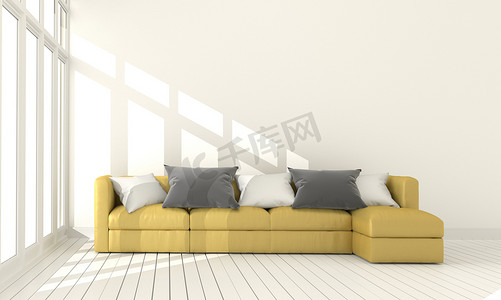 空白墙背景上的黄色布艺沙发 3d 渲染